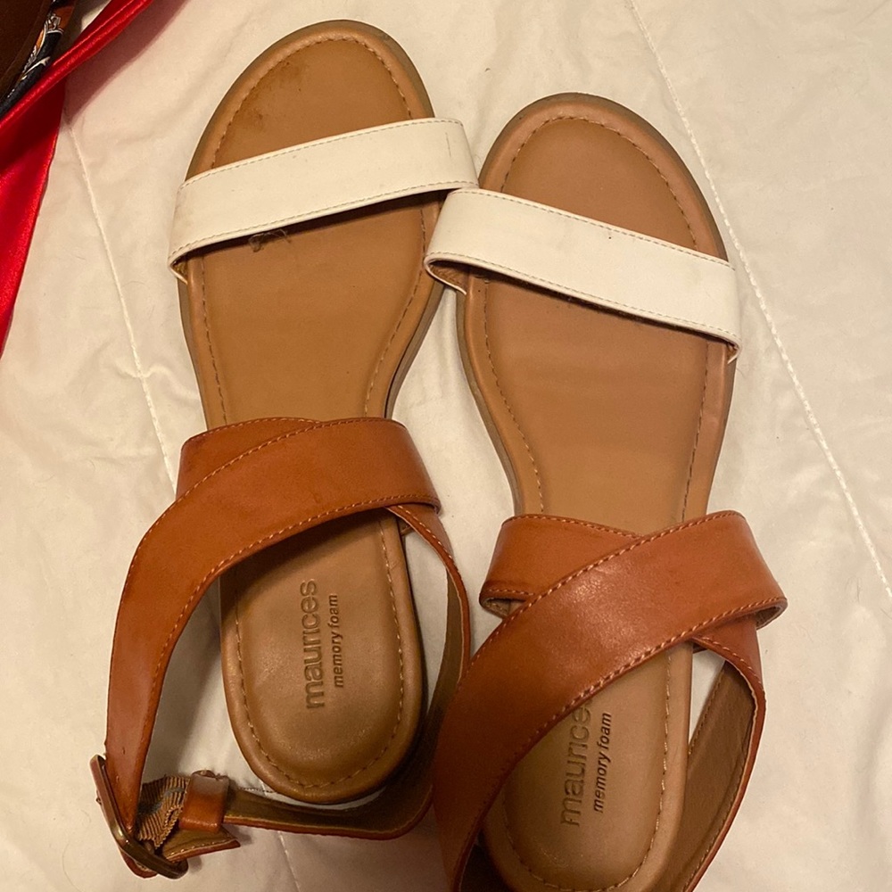Maurices White and Tan Cross-Strap Memory Foam Sandals
